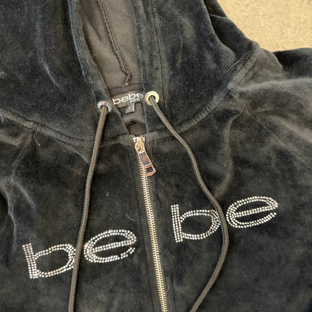 Vintage Y2k Bebe Mcbling Rhinestone Black Velour Full Zip Hoodie Sweatshirt L - Picture 3 of 5
